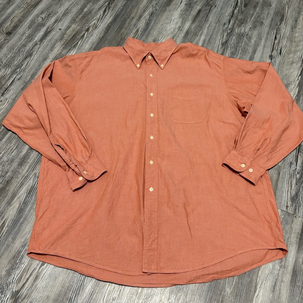 Vintage L.L. Bean Mens Large Button Down Shirt Orange Long Sleeve Front Pocket